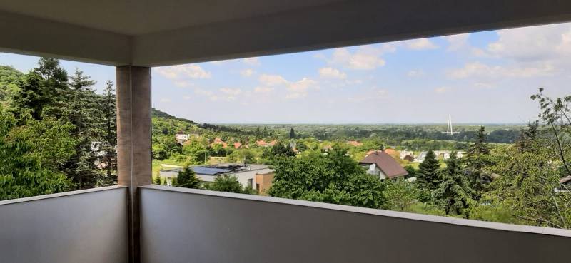 Blick von der Villa auf das Grün und die Stadt Hainburg an der Donau in der Ferne.