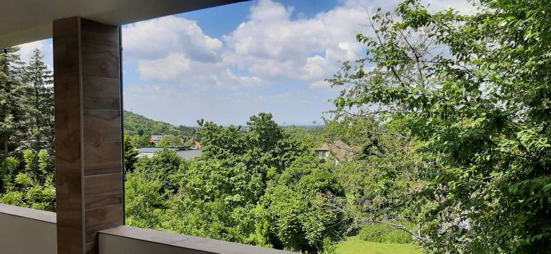 Blick von der Villa auf das Grün und die Häuser in Hainburg an der Donau.