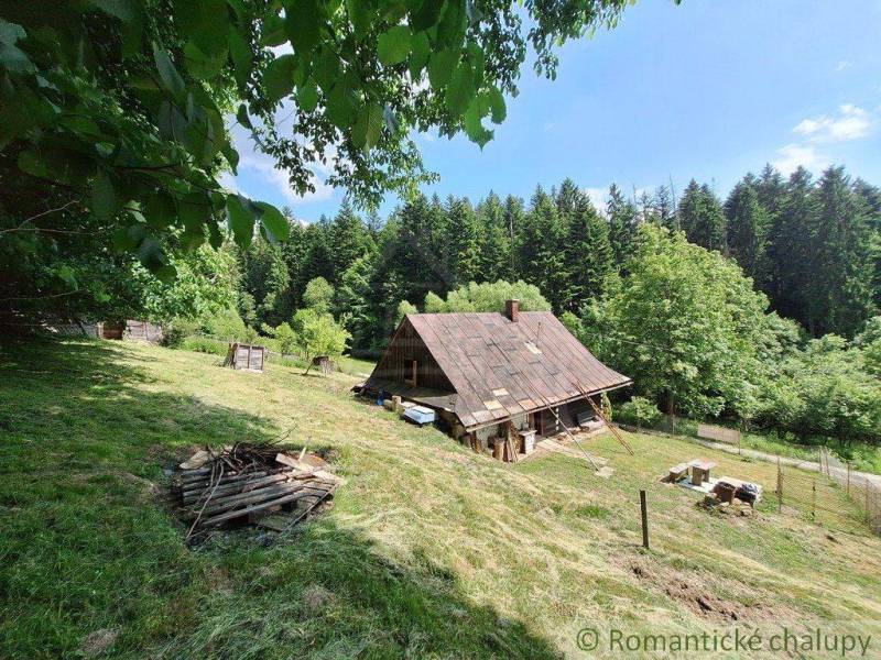 Eine Hütte in Zákopčí, umgeben von Wäldern, mit Holzkonstruktionen und einer Feuerstelle auf einer grasbewachsenen Wiese.