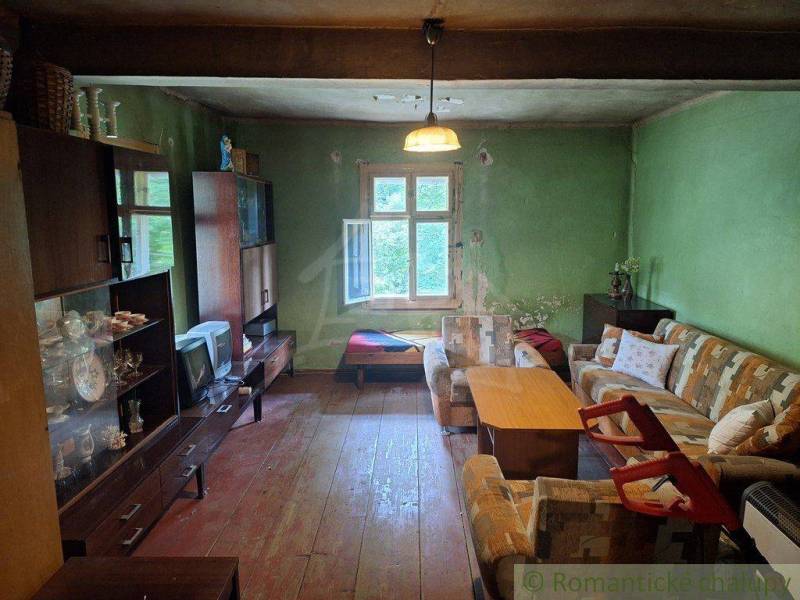 Wohnzimmer in der Hütte mit Sofa, Couchtisch und Retro-Fernseher.