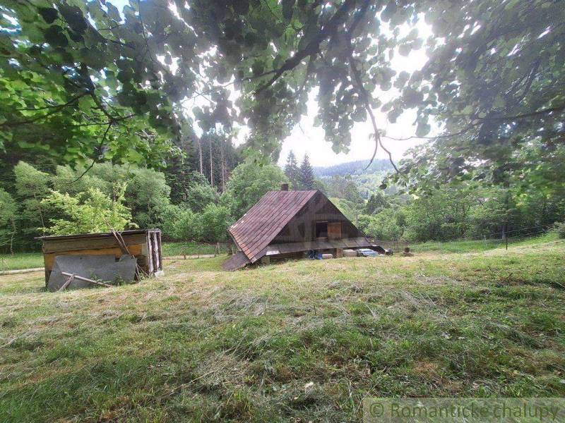 Eine Hütte in Zákopčí, umgeben von grüner Natur und Hügeln im Hintergrund.