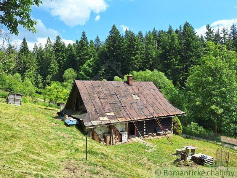Hütte in Zákopčí, umgeben von Wäldern, Gras und Wiesen.