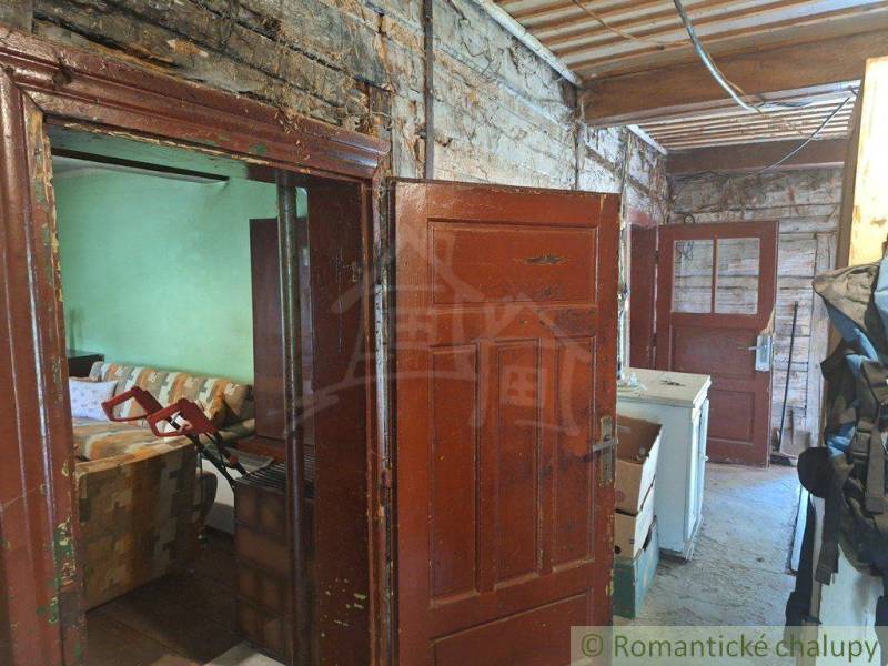 Eine Hütte mit Holzwänden, Blick auf ein Zimmer mit Sofa und Küche.