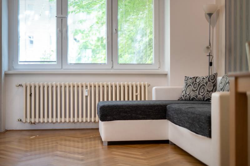 Wohnzimmer mit ausziehbarem Sofa und Heizkörper in einer 3-Zimmer-Wohnung.