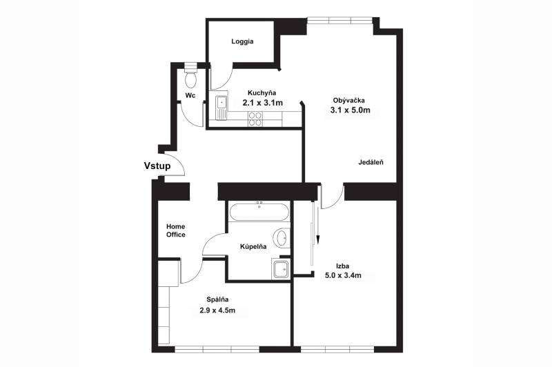 Der Grundriss zeigt die Aufteilung einer 3-Zimmer-Wohnung mit Küche, Badezimmer und Loggia.