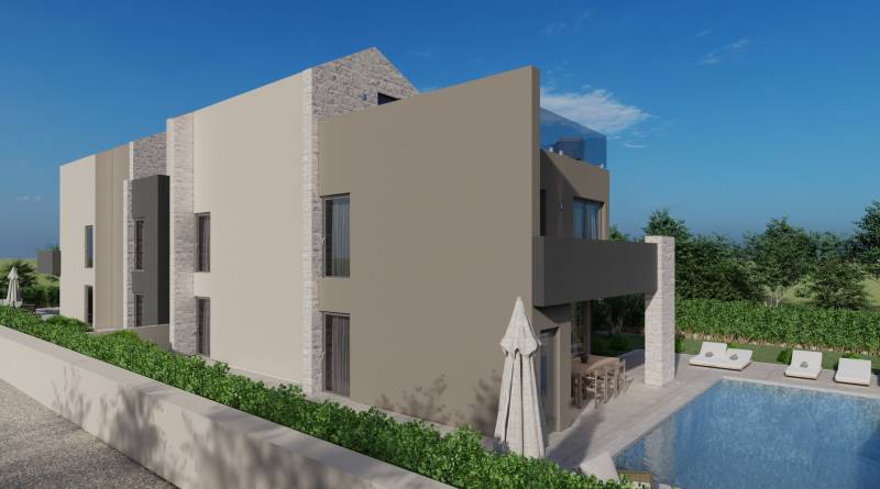 Villa in Poreč mit Pool, Terrasse und Grünflächen im gepflegten Garten.
