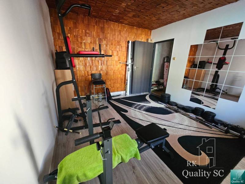 Ein Fitnessraum im Einfamilienhaus mit Geräten, Spiegeln und Hanteln auf dem Teppich.