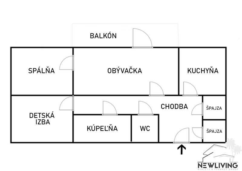 Grundriss einer 3-Zimmer-Wohnung mit Wohnzimmer, zwei Schlafzimmern, Küche und Balkon.