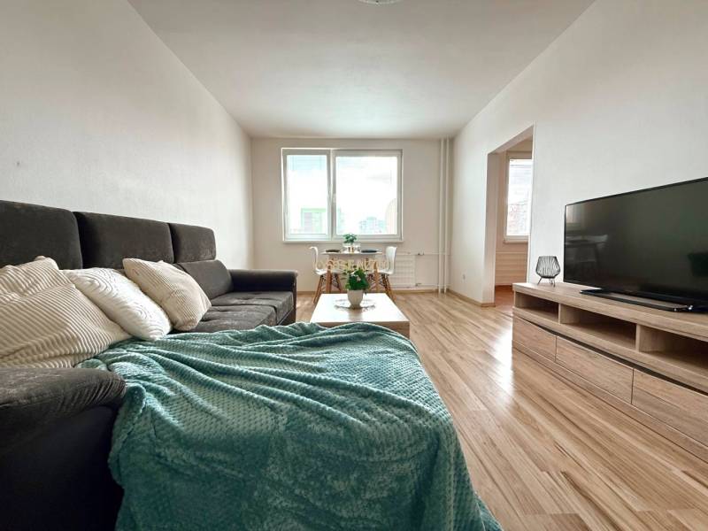 Wohnzimmer in einer 4-Zimmer-Wohnung mit Sofa, Tisch und Fernseher auf Holzboden.