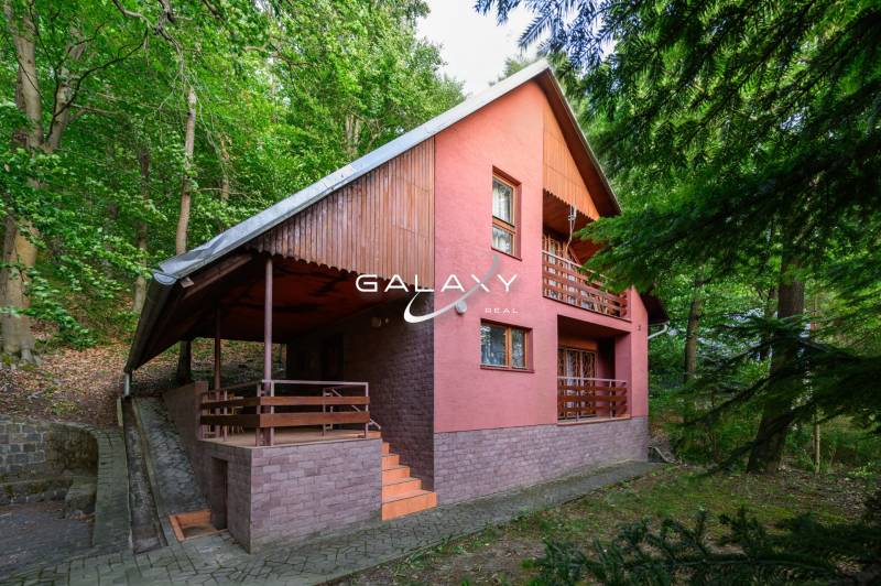 Ein Ferienhaus in Ružiná, umgeben von Grün, mit typischer Architektur und Holzelementen.