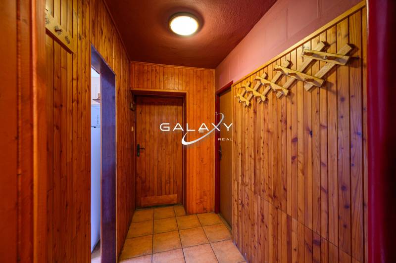 Das hölzerne Interieur der Hütte mit Kleiderhaken und Beleuchtung bietet eine gemütliche Atmosphäre.
