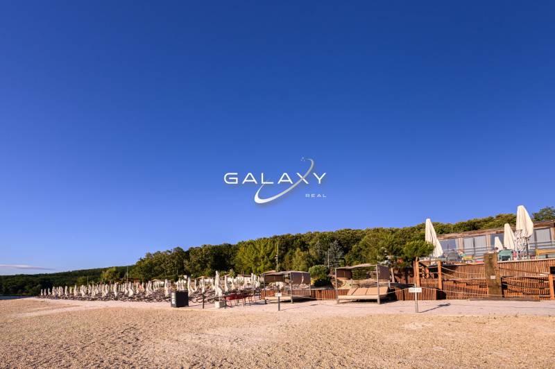 Ein Strand mit Liegestühlen und Sonnenschirmen, umgeben von Wald und klarem Himmel.