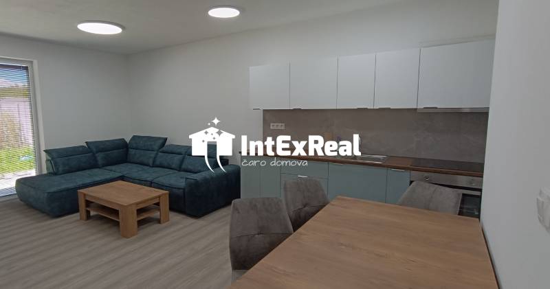 Wohnzimmer mit Küchenzeile, Sofa und Holzmöbeln in einer 2-Zimmer-Wohnung.