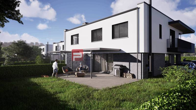 Exterieur einer 3-Zimmer-Wohnung in Dubová mit Terrasse, Grünflächen und modernem Design.