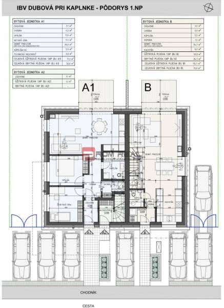 Grundriss einer 3-Zimmer-Wohnung in Dubová bei der Kapelle mit Parkplätzen und Terrasse.