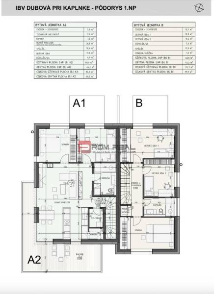 Grundriss der 1. Etage einer 3-Zimmer-Wohnung in Dubová, der die Anordnung der Räume und Flächen darstellt.