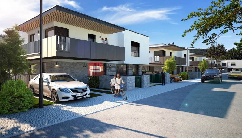 Moderne Reihenhäuser mit Autos und Radfahrern, 3-Zimmer-Wohnung in Dubová.
