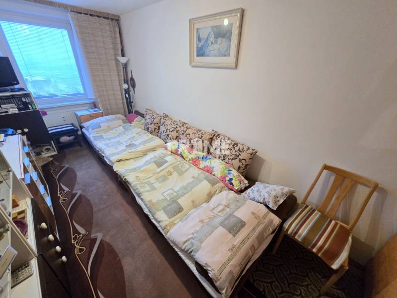 Ein Zimmer mit einem ausziehbaren Sofa und einem Sessel in einer 3-Zimmer-Wohnung, eingerichtet mit Möbeln und Dekorationen.