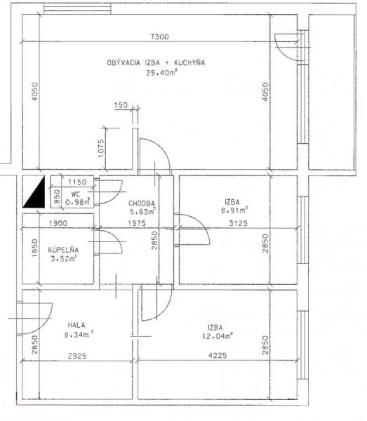 Grundriss einer 3-Zimmer-Wohnung mit Küche, zwei Zimmern und einem Badezimmer.