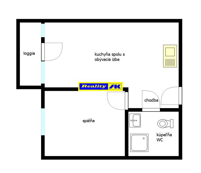 Grundriss einer Zweizimmerwohnung mit Loggia, Küche verbunden mit Wohnzimmer, Schlafzimmer und Badezimmer.