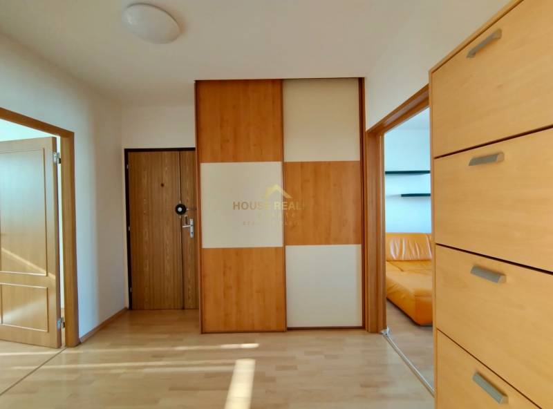 Eingangsbereich mit Einbauschrank und Boden in Holzoptik in einer 3-Zimmer-Wohnung.