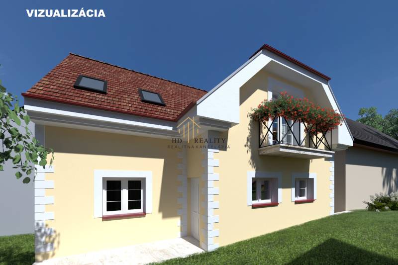 Einfamilienhaus auf dem Bode Bánoš in Banská Bystrica mit gelber Fassade, französischem Balkon.