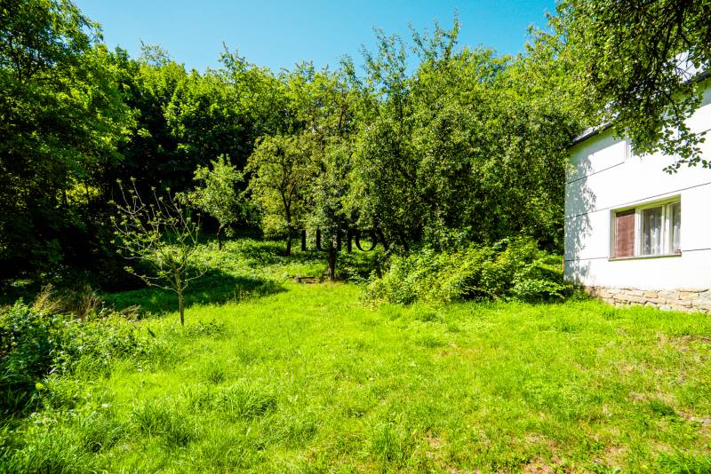 Der Garten des Einfamilienhauses auf den Lúky, Lúky Straße, umgeben von Bäumen und Grün.