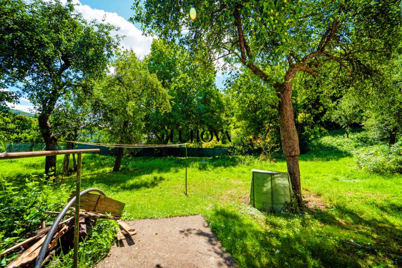 Der Garten des Einfamilienhauses in der Straße Lúky in Lúky, umgeben von Bäumen und Grün.