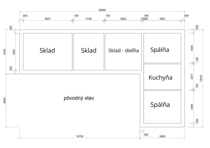 Grundriss eines Einfamilienhauses mit Räumen: Lager, Werkstatt, Schlafzimmer, Küche.