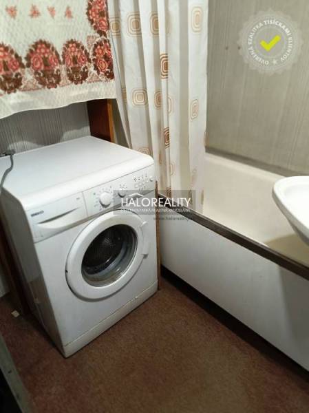 Badezimmer in einer Einzimmerwohnung mit Waschmaschine, Badewanne und Teppich.