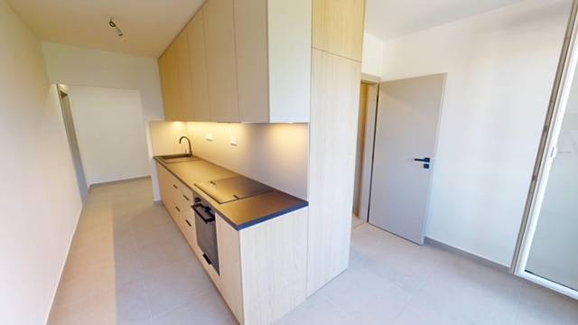 Küche in einer 2-Zimmer-Wohnung mit Holzschränken, schwarzer Arbeitsplatte und Spüle.