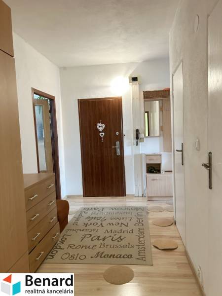 Der Flur mit Holzmöbeln und Teppich in einer Zweizimmerwohnung.