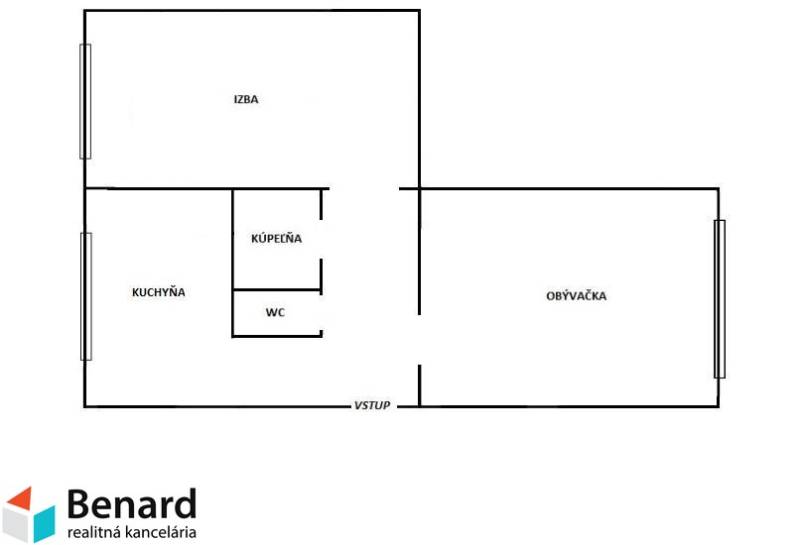 Grundriss einer 2-Zimmer-Wohnung mit Küche, Badezimmer und Wohnzimmer.