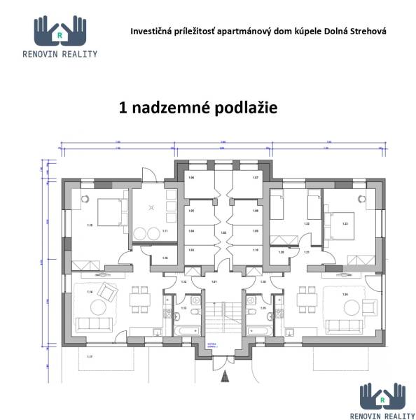 Grundriss des Erdgeschosses eines Apartmenthauses für Hotels und Pensionen.