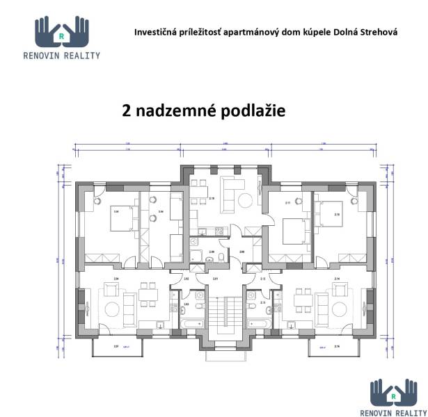 Grundriss des zweiten Obergeschosses eines Apartmenthauses in Hotels und Pensionen.