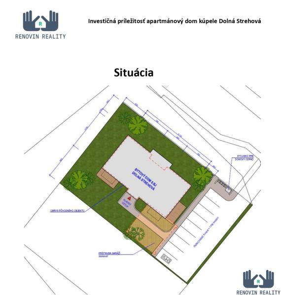 Grundriss eines Apartmenthauses, der Parkplätze und Grünflächen in Dolná Strehová kennzeichnet.