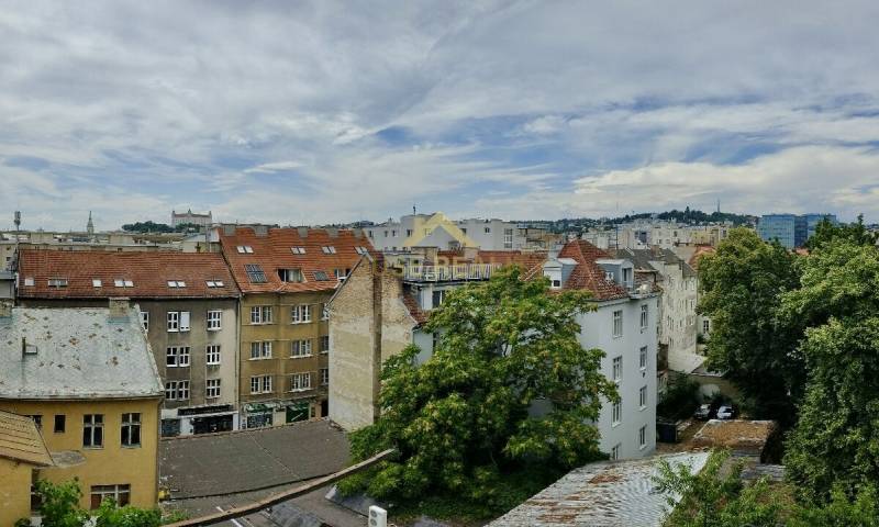 Blick auf die Dächer der Gebäude und das Grün in Bratislava, in der Altstadt auf der Špitálska-Straße.