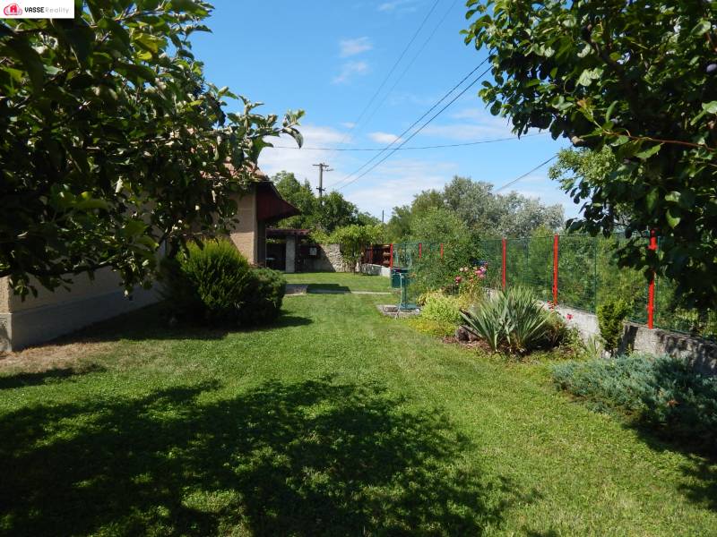 Der Garten der Hütte in Klížska Nemá, umgeben von Grün und blauem Himmel.