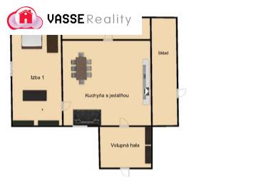 Grundriss eines Einfamilienhauses mit Küche, Esszimmer, Zimmer und Eingangshalle.