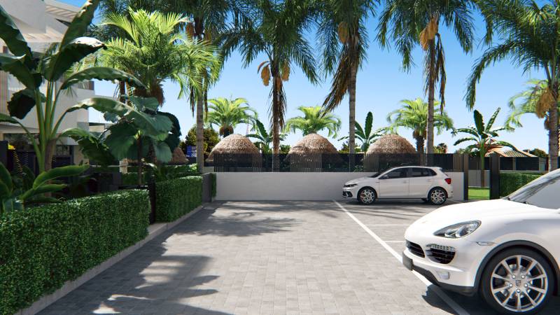 Parkplatz mit Grünflächen und Palmen bei einer Drei-Zimmer-Wohnung in der Santa Rosalia Lake Straße in Torre Pacheco.
