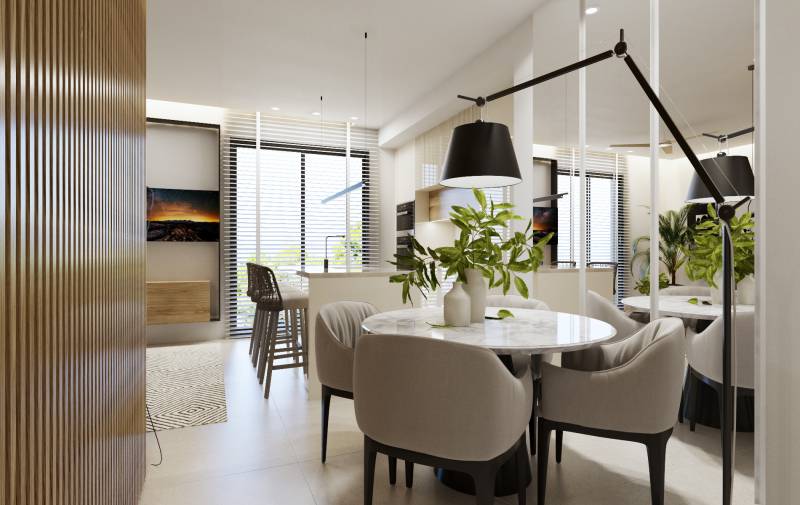 Esstisch mit Pflanzen und Beleuchtung in einer 3-Zimmer-Wohnung, modernes Interieur.