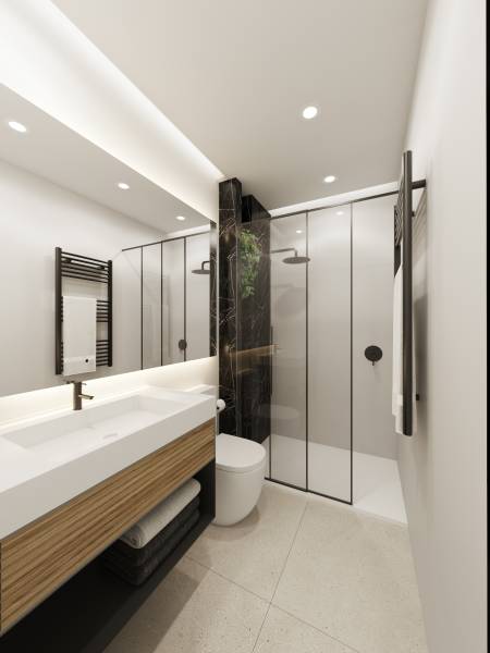 Badezimmer in einer 3-Zimmer-Wohnung mit Duschkabine, Spiegel und Waschbecken aus Holz.