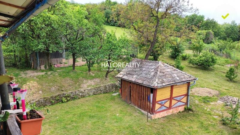Der Garten beim Einfamilienhaus in České Brezové mit einem Holzbau und Bäumen.