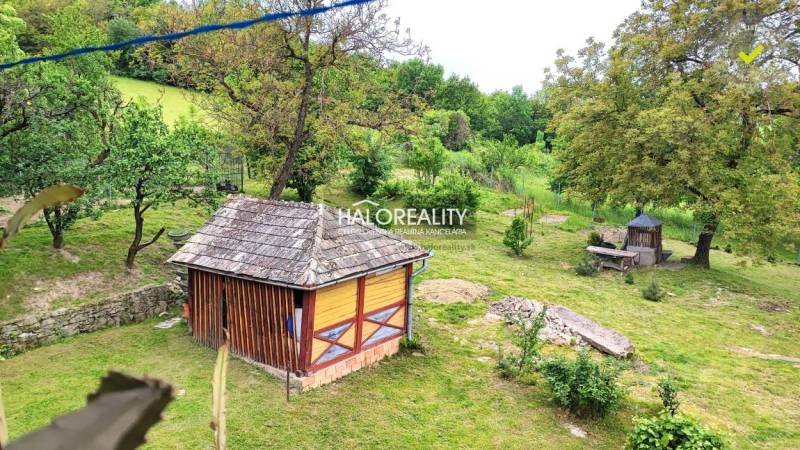 Ein Garten in einem Einfamilienhaus in České Brezové mit einem Gartenhaus und Bäumen.