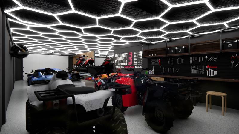 Das Innenfoto der Garage zeigt Luxusfahrzeuge, Werkzeuge und stilvolle Beleuchtung.
