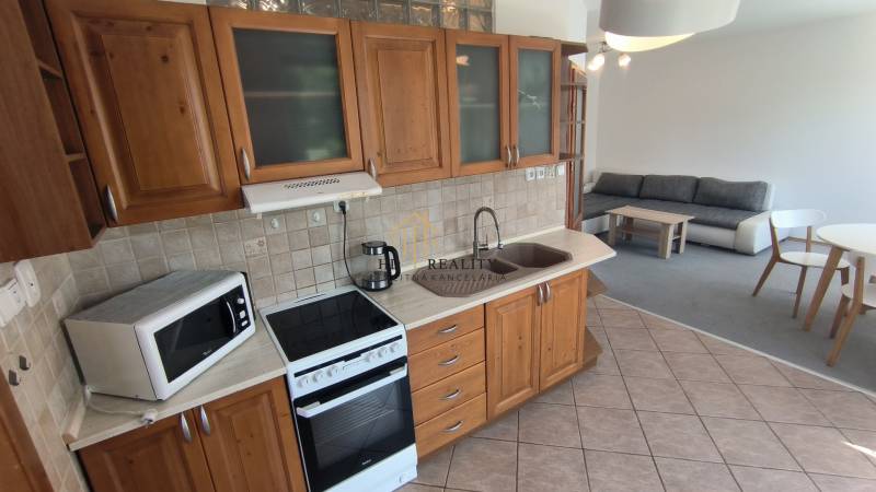 Küchenzeile mit Esstisch und Sofa in einer 2-Zimmer-Wohnung.