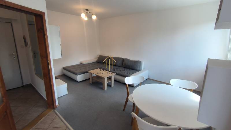 Wohnzimmer in einer Zweizimmerwohnung mit Sofa, Esstisch und Eingang zum Flur.