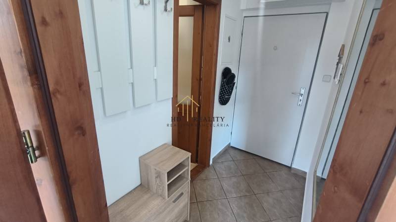 Diele einer 2-Zimmer-Wohnung mit Einbauschrank, Fliesenboden und Türen in Holzoptik.
