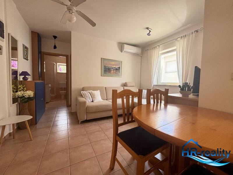 Wohnzimmer in einer Zweizimmerwohnung mit Esstisch, Sofa und Klimaanlage.