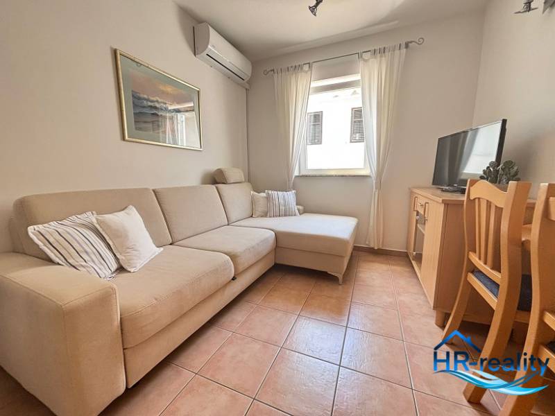 Wohnzimmer mit Sofa, Klimaanlage, Fernseher und Esstisch in einer 2-Zimmer-Wohnung.